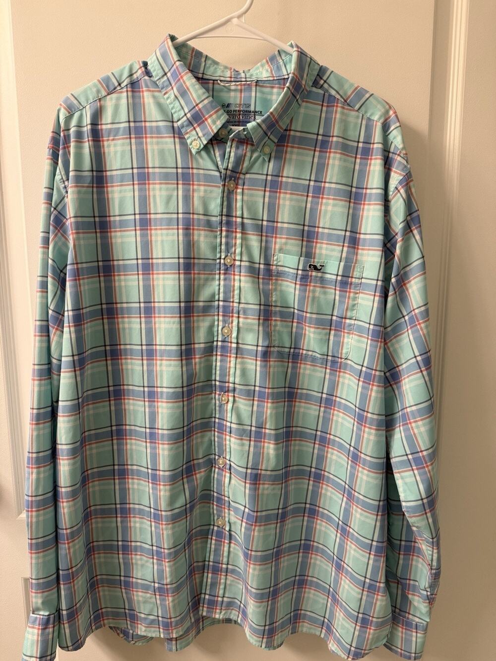 VINEYARD VINES ON THE GO PERFORMANCE Mens 2XL Green Blue Plaid L/S Shirt Light